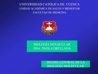 UNIVERSIDAD CATÓLICA DE CUENCA
UNIDAD ACADÉMICA DE SALUD Y BIENESTAR
FACULTAD DE MEDICINA
BIOLOGÍA MOLECULAR
DRA. PAOLA ORELLANA
DOGMA CENTRAL DE LA
BIOLOGÍA MOLECULAR
 