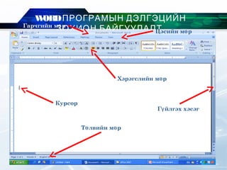 WORDПРОГРАМЫН ДЭЛГЭЦИЙН
ЗОХИОН БАЙГУУЛАЛТГарчгийн м рө
Цэсийн м рө
Хэрэгслийн м рө
Г йлгэх хэсэгү
Т лвийн м рө ө
Курсор
 