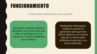 FUNCIONAMIENTO
• Intercambia información con el corazón:
Mandando impulsos desde el
generador al corazón para que
este se contraiga con una
frecuencia mínima establecida
por el médico.
Recibiendo información
desde el corazón al
generador para que este
último detecte si el corazón
late por sí mismo para
inhibirse en ese caso y no
enviar estímulos.
 
