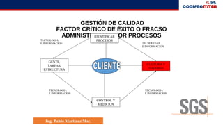 GESTIÓN DE CALIDAD
FACTOR CRÍTICO DE ÉXITO O FRACSO
ADMINISTRACION POR PROCESOSIDENTIFICAR
PROCESOS
GENTE,
TAREAS,
ESTRUCTURA
CULTURA Y
VALORES
CONTROL Y
MEDICION
TECNOLOGIA
E INFORMACION
TECNOLOGIA
E INFORMACION
TECNOLOGIA
E INFORMACION
TECNOLOGIA
E INFORMACION
Ing. Pablo Martínez Msc.
 