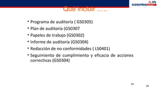 29
• Programa de auditoría ( GS0305)
• Plan de auditoría (GS0307
• Papeles de trabajo (GS0302)
• Informe de auditoría (GS0304)
• Redacción de no conformidades ( LS0401)
• Seguimiento de cumplimiento y eficacia de acciones
correctivas (GS0304)
29
Qué incluir .….
 