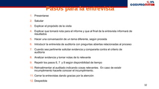 32
Pasos para la entrevista
1. Presentarse
2. Saludar
3. Explicar el propósito de la visita
4. Explicar que tomará nota para el informe y que al final de la entrevista informará de
resultados
5. Hacer una conversación de un tema diferente, según proceda
6. Introducir la entrevista de auditoría con preguntas abiertas relacionadas al proceso
7. Cuando sea pertinente solicitar evidencia y compararla contra el criterio de
auditoría
8. Analizar evidencia y tomar notas de lo relevante
9. Repetir los pasos 6, 7 y 8 según disponibilidad de tiempo
10. Retroalimentar al auditado indicando cosas relevantes. En caso de existir
incumplimiento hacerle conocer el incumplimiento.
11. Cerrar la entrevistas dando gracias por la atención
12. Despedida
 