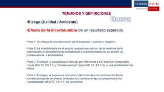 TÉRMINOS Y DEFINICIONES
•Riesgo (Calidad / Ambiente)
•Efecto de la incertidumbre de un resultado esperado.
•Nota 1: Un efecto es una desviación de lo esperado - positivo o negativo.
•Nota 2: La incertidumbre es el estado, aunque sea parcial, de la carencia de la
•información en relación con la comprensión o el conocimiento de un evento, su
•consecuencia, o probabilidad.
•Nota 3: El riesgo se caracteriza a menudo por referencia a los "eventos" potenciales
•(Guía ISO 73, 3.5.1.3) y "consecuencias" (Guía ISO 73, 3.6.1.3), o una combinación de
•éstos.
•Nota 4: El riesgo se expresa a menudo en términos de una combinación de las
•consecuencias de un evento (incluidos los cambios en las circunstancias) y la
•"probabilidad" (ISO 73, 3.6.1.1) de ocurrencia.
 
