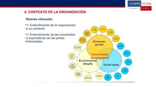 4. CONTEXTO DE LA ORGANIZACIÓN
•Nuevas cláusulas:
•> Entendimiento de la organización
•y su contexto.
•> Entendimiento de las necesiades
•y expectativas de las partes
•interesadas.
 