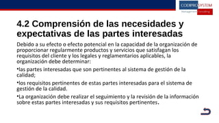 4.2 Comprensión de las necesidades y
expectativas de las partes interesadas
Debido a su efecto o efecto potencial en la capacidad de la organización de
proporcionar regularmente productos y servicios que satisfagan los
requisitos del cliente y los legales y reglamentarios aplicables, la
organización debe determinar:
•las partes interesadas que son pertinentes al sistema de gestión de la
calidad;
•los requisitos pertinentes de estas partes interesadas para el sistema de
gestión de la calidad.
•La organización debe realizar el seguimiento y la revisión de la información
sobre estas partes interesadas y sus requisitos pertinentes.
 