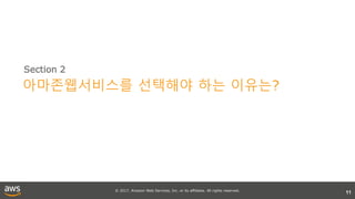 © 2017, Amazon Web Services, Inc. or its affiliates. All rights reserved.
11
Section 2
아마존웹서비스를 선택해야 하는 이유는?
 