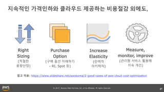 © 2017, Amazon Web Services, Inc. or its affiliates. All rights reserved.
27
Purchase
Option
(구매 옵션 이해하기
- RI, Spot 등)
Increase
Elasticity
(탄력적
아키텍처)
Measure,
monitor, improve
(관리형 서비스 활용해
지속 개선)
Right
Sizing
(적절한
용량산정)
참고 자료: https://www.slideshare.net/awskorea/2-good-cases-of-aws-cloud-cost-optimization
지속적인 가격인하와 클라우드 제공하는 비용절감 외에도,
 