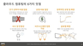 © 2017, Amazon Web Services, Inc. or its affiliates. All rights reserved.
클라우드 컴퓨팅의 6가지 잇점
7
탄력적인 운영 및 확장
필요 용량에 대한 예측 불필요
수요에 맞춘 유연한 확장
글로벌 확장
빠른 시간 내 글로벌 서비스
구현 가능
속도 및 민첩성
수 분 만에 인프라 구축 가능
빠르게 변화에 대응
초기 선투자 비용 없음
고정비용을 가변비용으로 대체
미리 서버를 구매할 필요 없음
비즈니스에만 집중
가능
혁신을 위한 다양한 실험 가능
불필요한 인프라 관리 업무
제거
운영 비용 절감
사용한 만큼만 지불하며 규모의
경제로 인한 지속적인 비용 절감
 