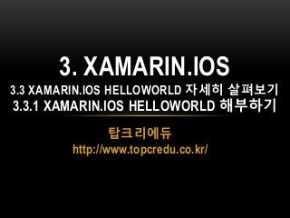 탑크리에듀
http://www.topcredu.co.kr/
3. XAMARIN.IOS
3.3 XAMARIN.IOS HELLOWORLD 자세히 살펴보기
3.3.1 XAMARIN.IOS HELLOWORLD 해부하기
 