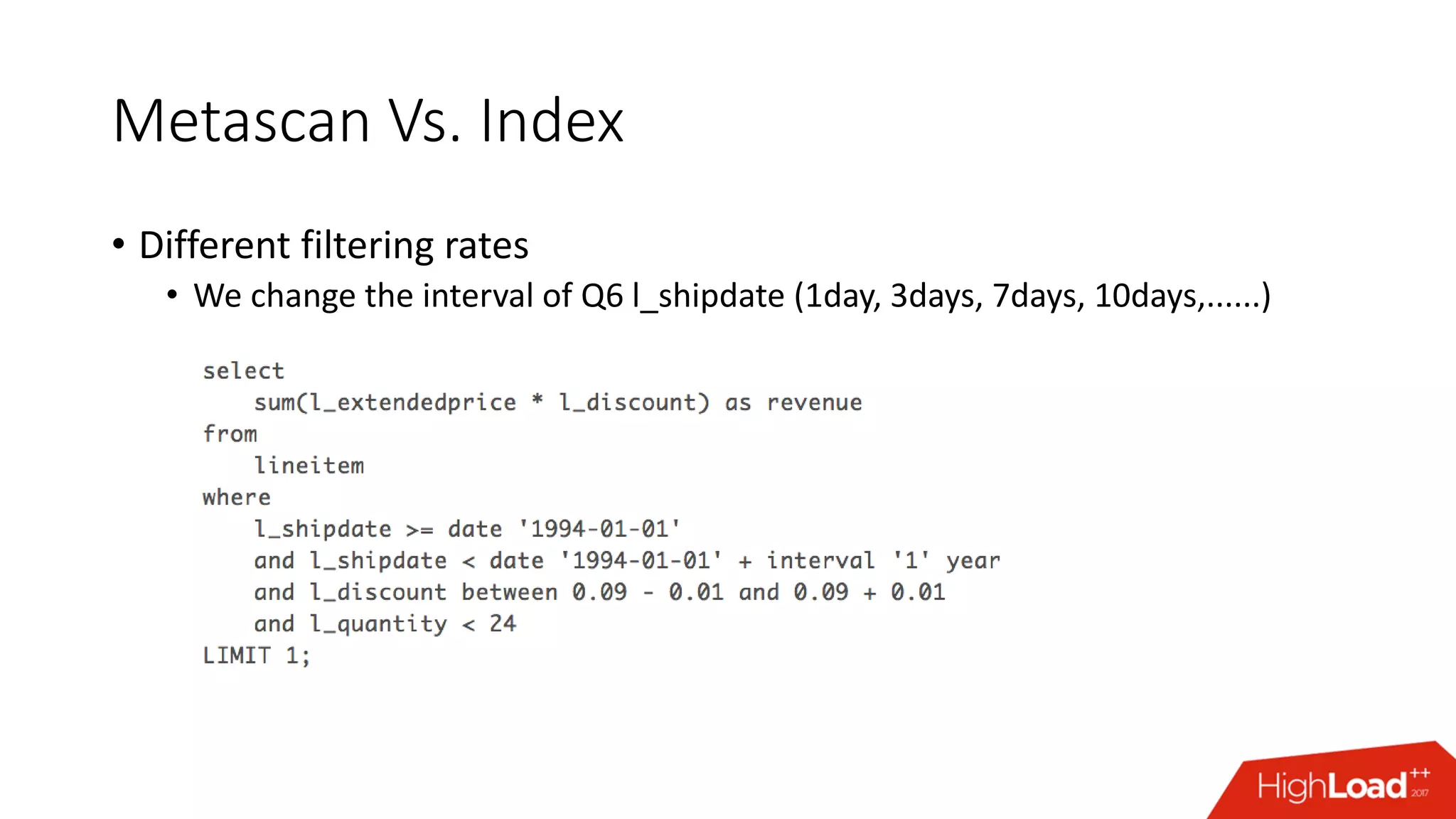 Metascan Vs. Index
• Different filtering rates
• We change the interval of Q6 l_shipdate (1day, 3days, 7days, 10days,......)
 