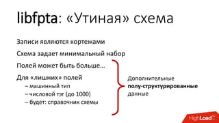 libfpta: «Утиная» схема
Записи являются кортежами
Схема задает минимальный набор
Полей может быть больше…
Для «лишних» полей
– машинный тип
– числовой тэг (до 1000)
– будет: справочник схемы
Дополнительные
полу-структурированные
данные
 