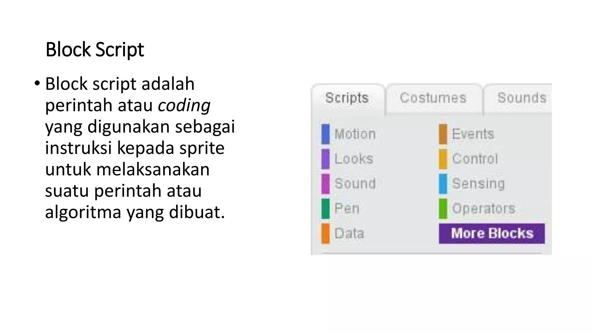 Block Script
• Block script adalah
perintah atau coding
yang digunakan sebagai
instruksi kepada sprite
untuk melaksanakan
suatu perintah atau
algoritma yang dibuat.
 