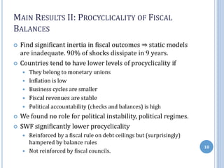 MAIN RESULTS II: PROCYCLICALITY OF FISCAL
BALANCES
 Find significant inertia in fiscal outcomes ⇒ static models
are inadequate. 90% of shocks dissipate in 9 years.
 Countries tend to have lower levels of procyclicality if
 They belong to monetary unions
 Inflation is low
 Business cycles are smaller
 Fiscal revenues are stable
 Political accountability (checks and balances) is high
 We found no role for political instability, political regimes.
 SWF significantly lower procyclicality
 Reinforced by a fiscal rule on debt ceilings but (surprisingly)
hampered by balance rules
 Not reinforced by fiscal councils.
18
 