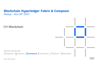 © 2017 IBM Corporation
Blockchain Hyperledger Fabric & Composer
Meetup – Nov 20th 2017
Explained Solutions Architected ExploredComposed
Blockchain education series
NextSteps
V5.0
 