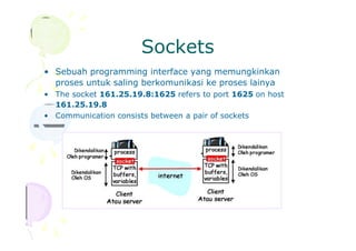 Sockets
• Sebuah programming interface yang memungkinkan
proses untuk saling berkomunikasi ke proses lainya
• The socket 161.25.19.8:1625 refers to port 1625 on host
161.25.19.8
• Communication consists between a pair of sockets
 