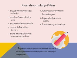 1. ระบบบริหารจัดการข้อมูลผู้เรียน
ของโรงเรียน
2. ระบบจัดการข้อมูลการเงินส่วน
บุคคล
3. ระบบจองตั๋วรถไฟบนอินเทอร์เน็ต
4. ระบบแนะนาเส้นทางเดินรถ
ประจาทาง
5. โปรแกรมสังเคราะห์เสียงสาหรับ
คนตาบอดบนรถประจาทาง
6. โปรแกรมออกและตรวจข้อสอบ
7. โฮมเพจส่วนบุคคล
8. โปรแกรมช่วยปฐมพยาบาล
เบื้องต้น
9. โปรแกรมพจนานุกรมไทย-อังกฤษ
ตัวอย่างโครงงานประยุกต์ใช้งาน
Cr.ข้อมูล https://sites.google.com/site/adbandon/ng-23102-
thekhnoloyi-sarsnthes-5/4-tawxyang-hawkhx-khorng-ngan-
khxmphiwtexr
 
