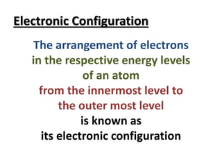 Electronic Configuration
The arrangement of electrons
in the respective energy levels
of an atom
from the innermost level to
the outer most level
is known as
its electronic configuration
 