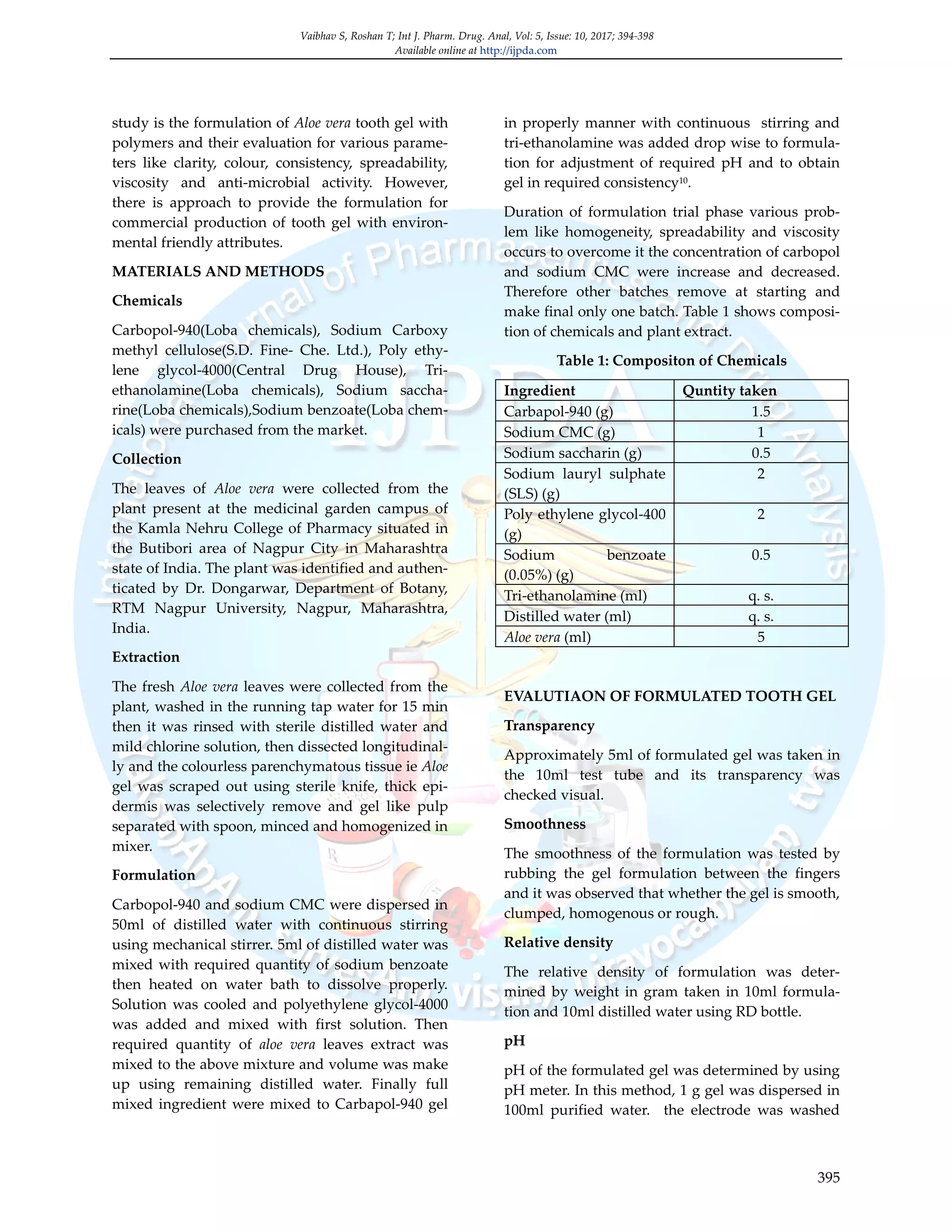 Tooth Powder Formulation Formulation and evaluation of tooth gel from aloe vera leaves extract | PDF