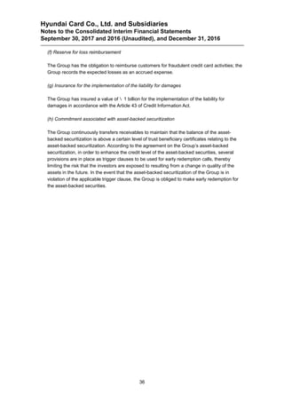 Hyundai Card Co., Ltd. and Subsidiaries
Notes to the Consolidated Interim Financial Statements
September 30, 2017 and 2016 (Unaudited), and December 31, 2016
36
(f) Reserve for loss reimbursement
The Group has the obligation to reimburse customers for fraudulent credit card activities; the
Group records the expected losses as an accrued expense.
(g) Insurance for the implementation of the liability for damages
The Group has insured a value of 1 billion for the implementation of the liability for
damages in accordance with the Article 43 of Credit Information Act.
(h) Commitment associated with asset-backed securitization
The Group continuously transfers receivables to maintain that the balance of the asset-
backed securitization is above a certain level of trust beneficiary certificates relating to the
asset-backed securitization. According to the agreement on the Group’s asset-backed
securitization, in order to enhance the credit level of the asset-backed securities, several
provisions are in place as trigger clauses to be used for early redemption calls, thereby
limiting the risk that the investors are exposed to resulting from a change in quality of the
assets in the future. In the event that the asset-backed securitization of the Group is in
violation of the applicable trigger clause, the Group is obliged to make early redemption for
the asset-backed securities.
 