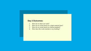 Confidential information | 212 STEAM Labs | All rights reserved
Day 2 Outcomes:
1. How do we share our work?
2. How do we create based on a single material item?
3. How do we create based on a theme/standard?
4. How does this work translate to my building?
 