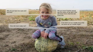 Did you know Frankie cannot
see the colour of her skin? She
will never know what her skin
looks like!
Why do we have two eyes and
not one?
If we stick out our middle toe is that
the same as our middle ﬁnger?
How did mom make me?
 