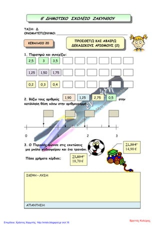 ΤΑΞΗ: Δ
ΟΝΟΜΑΤΕΠΩΝΥΜΟ: ________________________________________________
1. Παρατηρώ και συνεχίζω:
2. Βάζω τους αριθµούς στην
κατάλληλη θέση πάνω στην αριθµογραµµή:
0 1 2 3
3. Ο Περικλής ψώνισε στις εκπτώσεις
µια µπάλα ποδοσφαίρου και ένα τραινάκι.
Πόσα χρήµατα κέρδισε;
2,5 3 3,5
1,25 1,50 1,75
0,2 0,3 0,4
1,90 1,25 2,75 0,5
25,80 €
18,70 €
21,50 €
14,90 €
ΣΚΕΨΗ – ΛΥΣΗ:
ΑΠΑΝΤΗΣΗ:
ΠΡΟΣΘΕΤΩ ΚΑΙ ΑΦΑΙΡΩ
ΔΕΚΑΔΙΚΟΥΣ ΑΡΙΘΜΟΥΣ (2)
ΚΕΦΑΛΑΙΟ 20
6ο
ΔΗΜΟΤΙΚΟ ΣΧΟΛΕΙΟ ΖΑΚΥΝΘΟΥ
Βρεττός Κολύρης
Επιμέλεια: Χρήστος Χαρμπής http://xristx.blogspot.gr σελ.16
 
