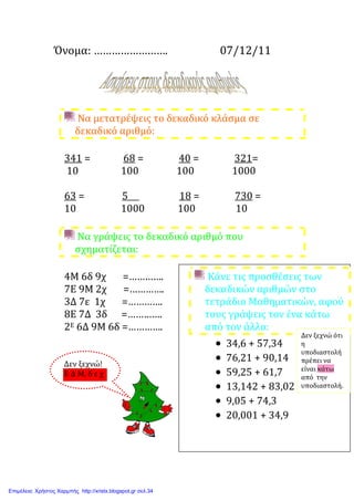 Όνομα: ……………………. 07/12/11
Να μετατρέψεις το δεκαδικό κλάσμα σε
δεκαδικό αριθμό:
341 = 68 = 40 = 321=
10 100 100 1000
63 = 5 18 = 730 =
10 1000 100 10
Να γράψεις το δεκαδικό αριθμό που
σχηματίζεται:
4Μ 6δ 9χ =………….
7Ε 9Μ 2χ =………….
3Δ 7ε 1χ =………….
8Ε 7Δ 3δ =………….
2Ε 6Δ 9Μ 6δ =………….
Κάνε τις προσθέσεις των
δεκαδικών αριθμών στο
τετράδιο Μαθηματικών, αφού
τους γράψεις τον ένα κάτω
από τον άλλο:
• 34,6 + 57,34
• 76,21 + 90,14
• 59,25 + 61,7
• 13,142 + 83,02
• 9,05 + 74,3
• 20,001 + 34,9
Δεν ξεχνώ ότι
η
υποδιαστολή
πρέπει να
είναι κάτω
από την
υποδιαστολή.
Δεν ξεχνώ!
Ε Δ Μ, δ ε χ
Επιμέλεια: Χρήστος Χαρμπής http://xristx.blogspot.gr σελ.34
Μαριάνθη Χαλκίτη
 