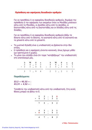 Πρόσθεση και αφαίρεση δεκαδικών αριθμών
Για να προσθέσω ή να αφαιρέσω δεκαδικούς αριθμούς, θυμάμαι την
πρόσθεση ή την αφαίρεση των ακεραίων όπου οι Μονάδες μπαίνουν
κάτω από τις Μονάδες, οι Δεκάδες κάτω από τις Δεκάδες, οι
Εκατοντάδες κάτω από τις Εκατοντάδες και οι Χιλιάδες κάτω από τις
Χιλιάδες.
Για να προσθέσω ή να αφαιρέσω δεκαδικούς αριθμούς βάζω τα
δέκατα κάτω από τα δέκατα, τα εκατοστά κάτω από τα εκατοστά και
τα χιλιοστά κάτω από τα χιλιοστά.
• Το μυστικό δηλαδή είναι η υποδιαστολή να βρίσκεται στην ίδια
στήλη.
• Η πρόσθεση και η αφαίρεση γίνονται κανονικά, όπως έχουμε μάθει
(με κρατούμενα ή χωρίς).
• Το μόνο που αλλάζει είναι ότι τώρα "κατεβάζουμε" την υποδιαστολή
στο αποτέλεσμά μας.
Δ Μ δ ε Δ Μ δ ε χ
3 4 , 5 2 4 8 , 5 7 3
+ 2 3 , 4 6 - 2 5 , 3 6 1
------------------------------------------ ------------------------------------------------
5 7 , 9 8 2 3 , 2 1 2
Παραδείγματα:
23,2 + 42,32 = ;
43,31 + 4,52 = ;
Τοποθετώ την υποδιαστολή κάτω από την υποδιαστολή. Στις κενές
θέσεις μπορώ να βάλω το 0.
2 3 , 2 0
+ 4 2 , 3 2
---------------------------------------
7 5 , 5 2
4 3 , 3 1
+ 0 4 , 5 2
---------------------------------------
4 7 , 8 3
e Τάξη - Παπαντωνίου
Επιμέλεια: Χρήστος Χαρμπής http://xristx.blogspot.gr σελ.5
 