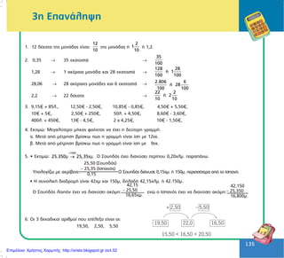 135
135
3ç ÅðáíÜëçøç
1. 12 äÝêáôá ôçò ìïíÜäáò åßíáé:
12
10
ôçò ìïíÜäáò Þ
2
1
10
Þ 1,2.
2. 0,35 → 35 åêáôïóôÜ →
35
100
1,28 → 1 áêÝñáéá ìïíÜäá êáé 28 åêáôïóôÜ →
128 28
ή 1
100 100
28,06 → 28 áêÝñáéåò ìïíÜäåò êáé 6 åêáôïóôÜ → 2.806 6
ή 28
100 100
2,2 → 22 äÝêáôá →
22 2
ή 2
10 10
3. 9,15 + 85ë., 12,50 - 2,50 , 10,85 - 0,85 , 4,50 + 5,50 ,
10 + 5 , 2,50 + 250 , 50ë. + 4,50 , 8,60 - 3,60 ,
400ë. + 450 , 13 - 4,5 , 2 ÷ 4,25 , 10 - 1,50 ,
4. Åêôéìþ: Ìåãáëýôåñï ìÞêïò öáßíåôáé íá Ý÷åé ç äåýôåñç ãñáììÞ.
á. ÌåôÜ áðü ìÝôñçóç âñßóêù ðùò ç ãñáììÞ åßíáé ßóç ìå 12åê.
â. ÌåôÜ áðü ìÝôñçóç âñßóêù ðùò ç ãñáììÞ åßíáé ßóç ìå 9åê.
5. • Åêôéìþ:
÷
→
1000
25.350 25,35 .µ χµ Ï Óïõçäüò Ý÷åé äéáíýóåé ðåñßðïõ 0,20÷ëì. ðáñáðÜíù.
Õðïëïãßæù ìå áêñßâåéá: Ï Óïõçäüò äéÜíõóå 0,15÷ì. Þ 150ì. ðåñéóóüôåñá áðü ôï Éóðáíü.
• Ç óõíïëéêÞ äéáäñïìÞ åßíáé 42÷ì êáé 150ì, äçëáäÞ 42,15÷ëì. Þ 42.150ì.
Ï Óïõçäüò ëïéðüí Ý÷åé íá äéáíýóåé áêüìç: åíþ ï Éóðáíüò Ý÷åé íá äéáíýóåé áêüìç:
6. Ïé 3 äåêáäéêïß áñéèìïß ðïõ åðÝëåîá åßíáé ïé:
19,50, 2,50, 5,50
25,50 (Óïõçäüò)
– 25,35 (Éóðáíüò)
0,15
42,15
– 25,50
16,65÷ì.
42,150
– 25,350
16,800ì.
Επιμέλεια: Χρήστος Χαρμπής http://xristx.blogspot.gr σελ.52
 