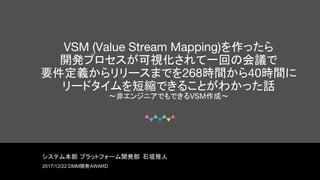 © DMM.com labo
CONFIDENTIAL
VSM (Value Stream Mapping)を作ったら
開発プロセスが可視化されて一回の会議で
要件定義からリリースまでを268時間から40時間に
リードタイムを短縮できることがわかった話
〜非エンジニアでもできるVSM作成〜
システム本部 プラットフォーム開発部 石垣雅人
2017/12/22 DMM開発AWARD
 