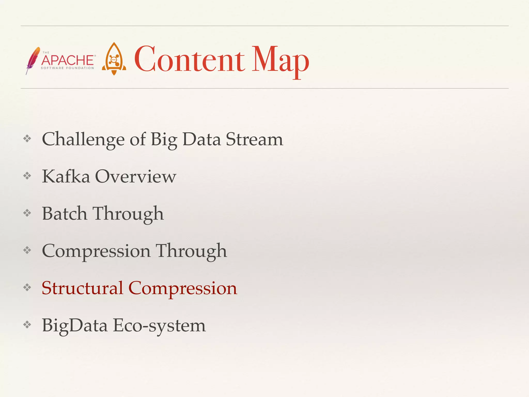 Content Map
❖ Challenge of Big Data Stream
❖ Kafka Overview
❖ Batch Through
❖ Compression Through
❖ Structural Compression
❖ BigData Eco-system
 