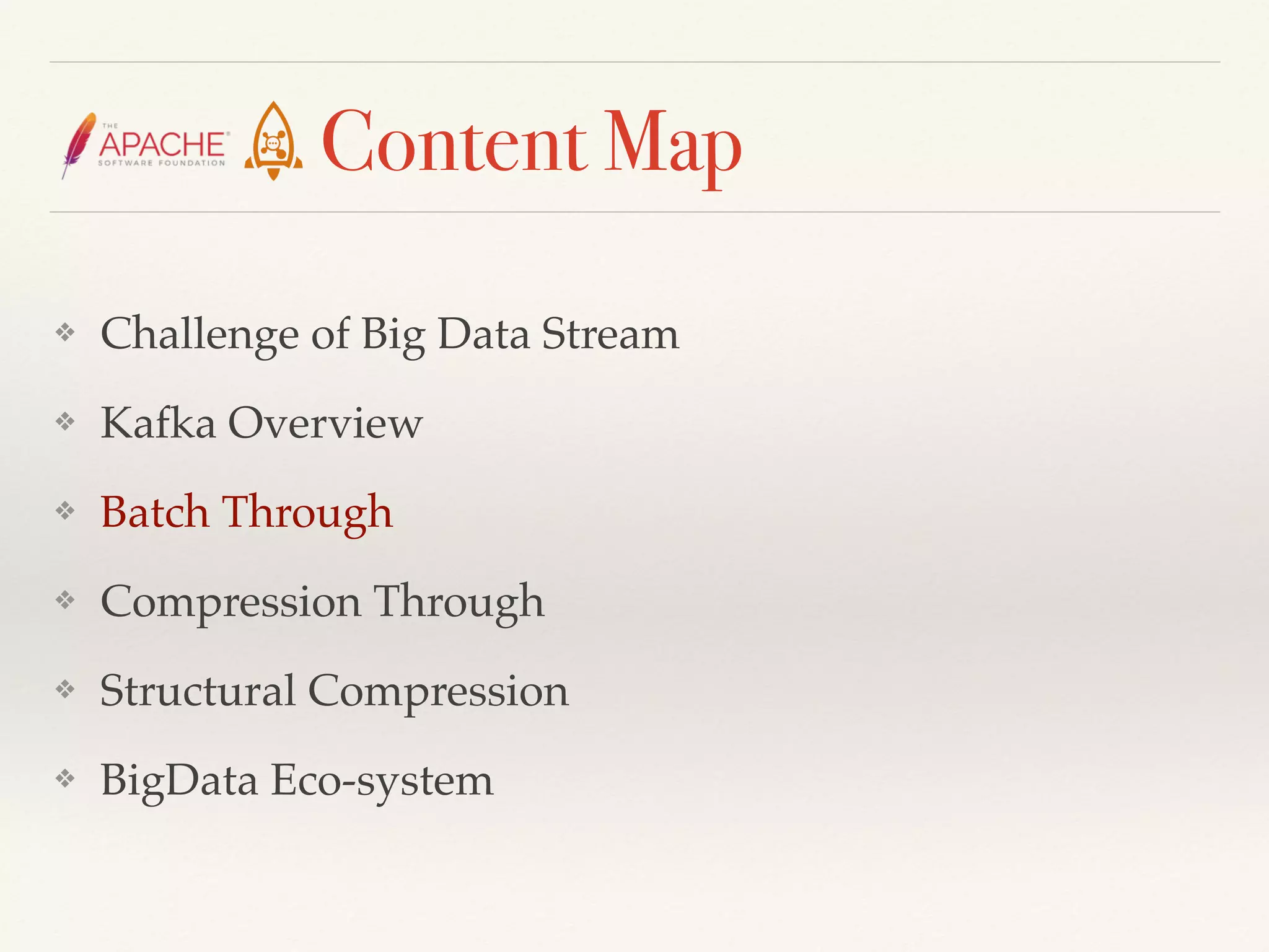 Content Map
❖ Challenge of Big Data Stream
❖ Kafka Overview
❖ Batch Through
❖ Compression Through
❖ Structural Compression
❖ BigData Eco-system
 