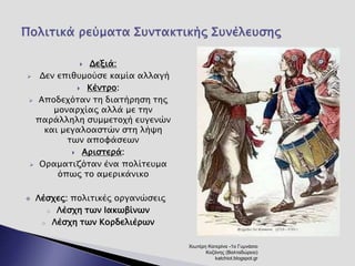  Δεξιά: 
 Δεν επιθυμούσε καμία αλλαγή 
 Κέντρο: 
 Αποδεχόταν τη διατήρηση της 
μοναρχίας αλλά με την 
παράλληλη συμμετοχή ευγενών 
και μεγαλοαστών στη λήψη 
των αποφάσεων 
 Αριστερά: 
 Οραματιζόταν ένα πολίτευμα 
όπως το αμερικάνικο 
 Λέσχες: πολιτικές οργανώσεις 
o Λέσχη των Ιακωβίνων 
o Λέσχη των Κορδελιέρων 
Χιωτέρη Κατερίνα -1ο Γυμνάσιο 
Κοζάνης (Βαλταδώρειο) 
katchiot.blogspot.gr 
 