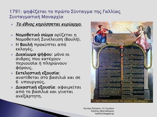  Το έθνος κηρύσσεται κυρίαρχο. 
 Νομοθετικό σώμα ορίζεται η 
Νομοθετική Συνέλευση (Βουλή). 
 Η Βουλή προκύπτει από 
εκλογές. 
 Δικαίωμα ψήφου: μόνο οι 
άνδρες που κατέχουν 
περιουσία ή πληρώνουν 
φόρους. 
 Εκτελεστική εξουσία: 
ανατίθεται στο βασιλιά και σε 
6 υπουργούς. 
 Δικαστική εξουσία: αφαιρείται 
από το βασιλιά και γίνεται 
ανεξάρτητη. 
Χιωτέρη Κατερίνα -1ο Γυμνάσιο 
Κοζάνης (Βαλταδώρειο) 
katchiot.blogspot.gr 
 