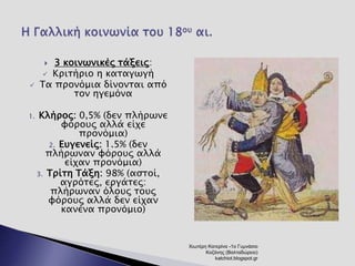  3 κοινωνικές τάξεις: 
 Κριτήριο η καταγωγή 
 Τα προνόμια δίνονται από 
τον ηγεμόνα 
1. Κλήρος: 0,5% (δεν πλήρωνε 
φόρους αλλά είχε 
προνόμια) 
2. Ευγενείς: 1.5% (δεν 
πλήρωναν φόρους αλλά 
είχαν προνόμια) 
3. Τρίτη Τάξη: 98% (αστοί, 
αγρότες, εργάτες: 
πλήρωναν όλους τους 
φόρους αλλά δεν είχαν 
κανένα προνόμιο) 
Χιωτέρη Κατερίνα -1ο Γυμνάσιο 
Κοζάνης (Βαλταδώρειο) 
katchiot.blogspot.gr 
 