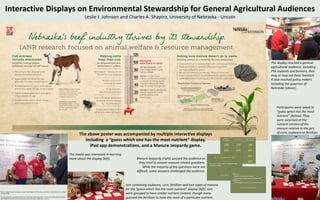 Interactive Displays on Environmental Stewardship for General Agricultural Audiences
                                                                                                                            Leslie J. Johnson and Charles A. Shapiro, University of Nebraska - Lincoln




                                                                                                                                                                                                                              The display reached a general
                                                                                                                                                                                                                              agricultural audience, including
                                                                                                                                                                                                                              FFA students and farmers, that
                                                                                                                                                                                                                              may or may not have livestock.
                                                                                                                                                                                                                              It also reached policy makers
                                                                                                                                                                                                                              including the governor of
                                                                                                                                                                                                                              Nebraska (above).




                                                                                                                                                                                                                                  Participants were asked to
                                                                                                                                                                                                                                  “guess which has the most
                                                                                                                                                                                                                                  nutrient” (below). They
                                                                                                                                                                                                                                  were surprised at the
                                                                                                                                                                                                                                  nutrient content of the
                                                                                                                                                                                                                                  manure relative to the jars
                                                                                                                                                                                                                                  of corn, soybeans or fertilizer.
                                                                                                                        The above poster was accompanied by multiple interactive displays
                                                                                                                           including a “guess which one has the most nutrient” display,
                                                                                                                             iPad app demonstrations, and a Manure Jeopardy game.
                                                                                                                  The media was interested in learning
                                                                                                                  more about the display (left).                Manure Jeopardy (right) quizzed the audience as
                                                                                                                                                                  they tried to answer manure related questions.
                                                                                                                                                                     While the majority of the questions were not
                                                                                                                                                                difficult, some answers challenged the audience.


                                                                                                                                                         Jars containing soybeans, corn, fertilizer and two types of manure
                                                                                                                                                         for the “guess which has the most nutrient” display (left). Jars
Others involved during the display included: Aaron Nygren, Jill Heemstra, Jason Gross, Amy Schmidt, Terry Mader
and Dee Griffin.                                                                                                                                         were grouped to have similar nutrient content, though many
Stewardship poster developed by David and Associates under the guidance of Extension professionals working in
areas related to environmental stewardship at the University of Nebraska – Lincoln.
                                                                                                                                                         guessed the fertilizer to have the most of a particular nutrient.
 