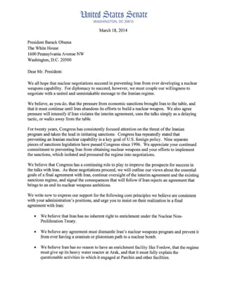 3 18-14 letter to potus re iran negotiations