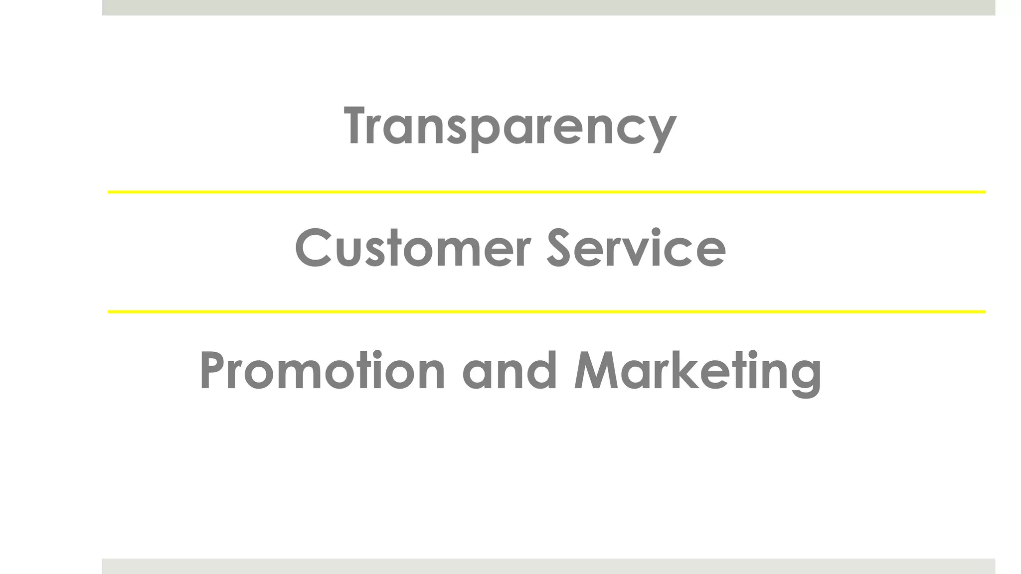 Transparency
Customer Service
Promotion and Marketing
 