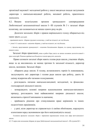 організації наукової і методичної роботи у школі вводяться посади заступників
директора з навчально-виховної роботи, виховної роботи, практичного
психолога.
4.2. Вищим колегіальним органом громадського самоврядування
Люботинської загальноосвітньої школи І—ІII ступенів № 3 є загальні збори
колективу, що скликаються не менше одного разу на рік.
Делегати загальних зборів з правом вирішального голосу обираються від
таких трьох категорій:
- працівників школи - зборами трудового колективу, у такій же кількості, як і від батьків;
- учнів 5-11 класів школи - класними зборами, у такій же кількості, як і від батьків;
- батьків, представників громадськості - класними батьківськими зборами, по одному представнику від
кожного класу.
Загальні збори правочинні, якщо в роботі бере участь не менше половини делегатів кожної з
трьох категорій. Рішення приймається більшістю голосів присутніх делегатів.
Право скликати загальні збори мають голова ради школи, учасники зборів,
якщо за це висловилось не менше третини їх загальної кількості, директор
школи, засновник. Загальні збори:
- обирають раду школи. її голову, встановлюють термін їх повноважень;
заслуховують звіт директора і голови ради школи про роботу, дають їй
оцінку відкритим або таємним голосуванням;
- розглядають питання навчально-виховної, методичної, та фінансово-
господарської діяльності школи;
- затверджують основні напрями вдосконалення навчально-виховного
процесу, розглядають інші найважливіші напрями діяльності школи;
визначають стратегії виховання та навчання;
- приймають рішення про стимулювання праці керівників та інших
педагогічних працівників;
- у разі, коли директор не справляється зі своїми обов'язками, порушують
клопотання перед засновником про його невідповідність посаді.
Головною функцією загальних зборів є вирішення кардинальних питань всіх сфер життєдіяльності
школи.
4.3. У період між загальними зборами діє рада Люботинської загальноосвітньої школи І—ІII ступенів № 3.
14
 