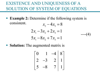 EXISTENCE AND UNIQUENESS OF A
SOLUTION OF SYSTEM OF EQUATIONS
 Example 2: Determine if the following system is
consistent.
----(4)
 Solution: The augmented matrix is
2 3
1 2 3
1 2 3
4 8
2 3 2 1
5 8 7 1
x x
x x x
x x x
 
  
  
0 1 4 8
2 3 2 1
5 8 7 1
 
 
 
  
 