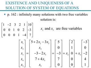 EXISTENCE AND UNIQUENESS OF A
SOLUTION OF SYSTEM OF EQUATIONS
 p. 162 : infinitely many solutions with two free variables
solution is:
1 2 5
2 2
3 5 2 5
4 5
5 5
5 2 3 5 2 3
0 1 0
3 2 3 0 2
7 4 7 0 4
0 0 1
x x x
x x
x x x x
x x
x x
           
         
         
               
                  
                 
1 2 3 2 1 10
0 0 1 0 2 3
0 0 0 1 4 7
 
 
 
  
2 5
and are free variablesx x
 