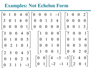 Examples: Not Echelon Form
0 1 0 4 0
3 0 1 6 0
0 0 0 0 1
 
 
 
  
0 0 0 1 1
0 0 1 3 4
0 0 0 0 0
 
 
 
  
1 0 0 2
0 0 0 0
0 0 1 3
 
 
 
  
1 0 0 0
0 1 0 0
0 0 1 0
1 0 0 1
 
 
 
 
 
 
3 0 0 4 0
0 1 0 0 5
0 2 1 0 1
 
 
 
  
7 0 0 1
0 1 0 4
0 0 3 0
0 0 2 0
 
 
 
 
 
 
1 4 0
2 0 1
 
 
 
0 0
0 1
 
 
 
4 3 3
2 1 1
  
   
2 5 0 4 3
0 1 0 2 5
0 3 1 1 1
 
 
 
  
 