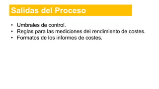 • Umbrales de control.
• Reglas para las mediciones del rendimiento de costes.
• Formatos de los informes de costes.
Salidas del Proceso
 