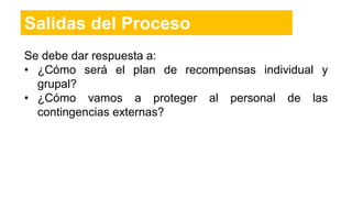 Se debe dar respuesta a:
• ¿Cómo será el plan de recompensas individual y
grupal?
• ¿Cómo vamos a proteger al personal de las
contingencias externas?
Salidas del Proceso
 