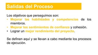 Los objetivos que perseguimos son:
• Mejorar las habilidades y competencias de los
miembros.
• Mejorar los sentimientos de confianza y cohesión.
• Lograr un mejor rendimiento del proyecto.
Se definen aquí y se llevan a cabo mediante los procesos
de ejecución.
Salidas del Proceso
 