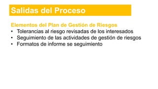 Elementos del Plan de Gestión de Riesgos
• Tolerancias al riesgo revisadas de los interesados
• Seguimiento de las actividades de gestión de riesgos
• Formatos de informe se seguimiento
Salidas del Proceso
 