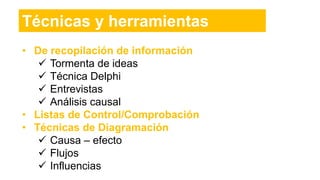 • De recopilación de información
 Tormenta de ideas
 Técnica Delphi
 Entrevistas
 Análisis causal
• Listas de Control/Comprobación
• Técnicas de Diagramación
 Causa – efecto
 Flujos
 Influencias
Técnicas y herramientas
 