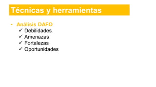 • Análisis DAFO
 Debilidades
 Amenazas
 Fortalezas
 Oportunidades
Técnicas y herramientas
 