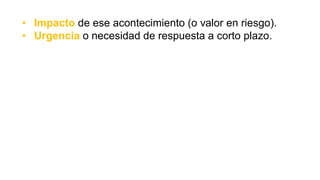 • Impacto de ese acontecimiento (o valor en riesgo).
• Urgencia o necesidad de respuesta a corto plazo.
 