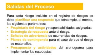 Para cada riesgo incluido en el registro de riesgos se
debe planificar una respuesta que contemple, al menos,
los siguientes parámetros:
• Propietario del riesgo y responsabilidades asignadas.
• Estrategia de respuesta ante el riesgo.
• Señales de advertencia de ocurrencias de riesgos.
• Planes de contingencia para el caso de que el riesgo
se materialice.
• Presupuesto y actividades del cronograma para
implementar las respuestas.
Salidas del Proceso
 